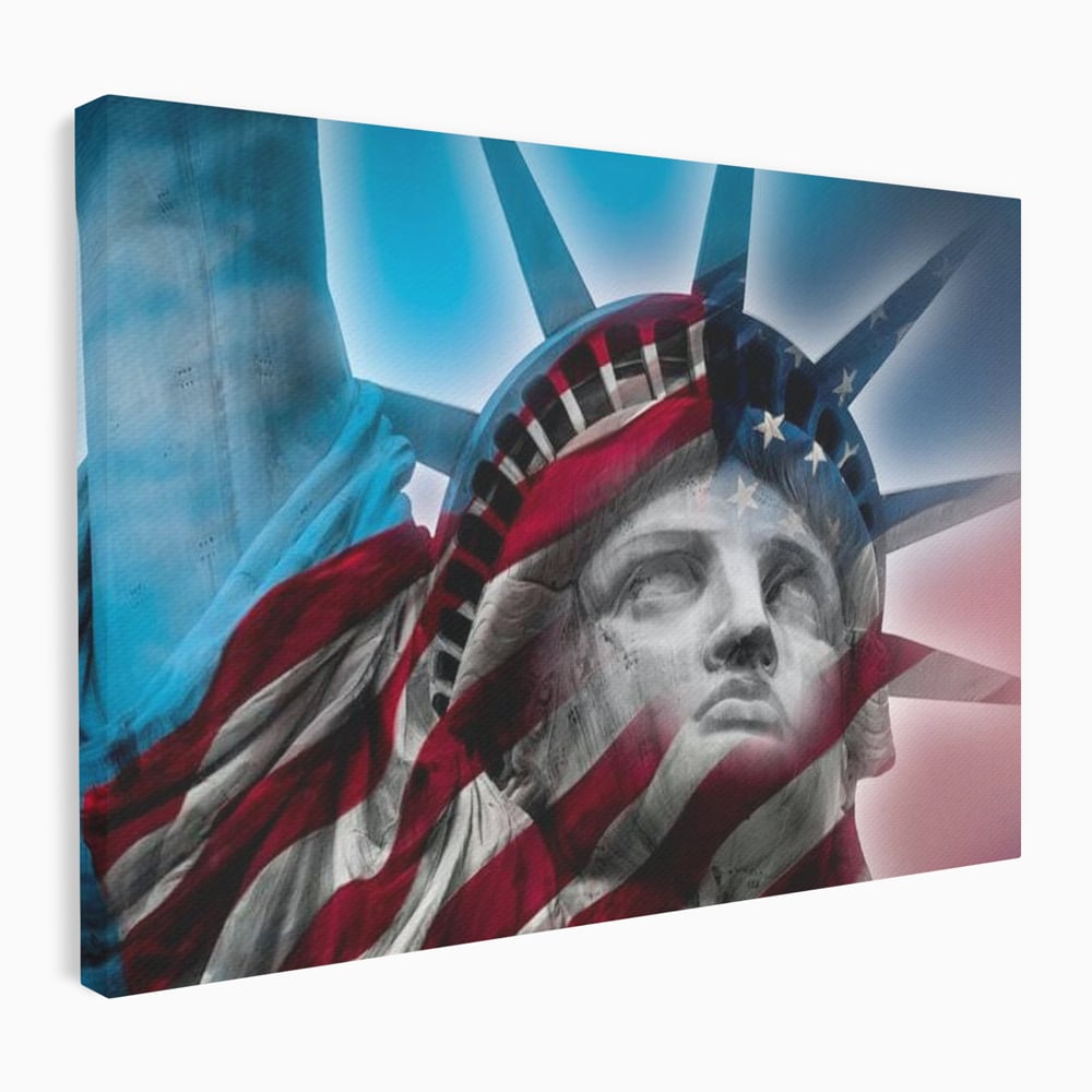 Tablou canvas cu statuia libertatii suprapusa cu steagul american, fara rama, pe sasiu de lemn